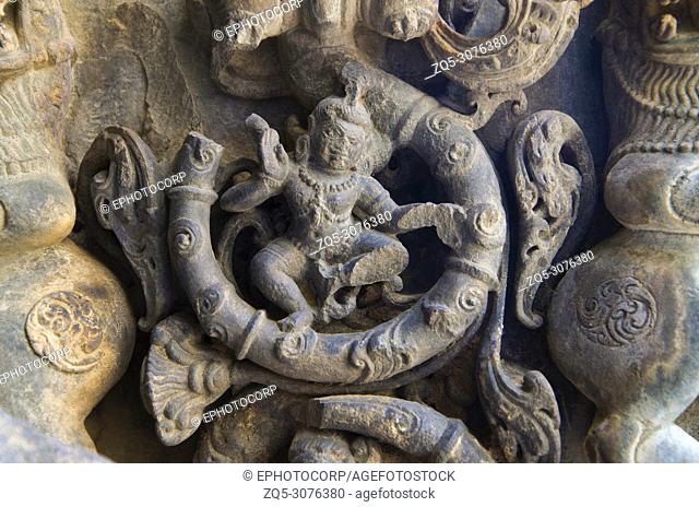 Carving details on the outer wall of theÂ Kasivisvesvara Temple, Lakkundi, Karnataka, India