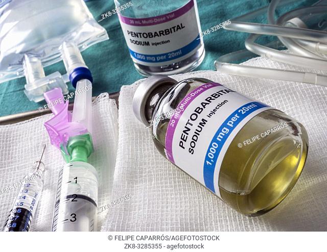 Vial with pentobarbital used for euthanasia and lethal inyecion in a hospital, conceptual image
