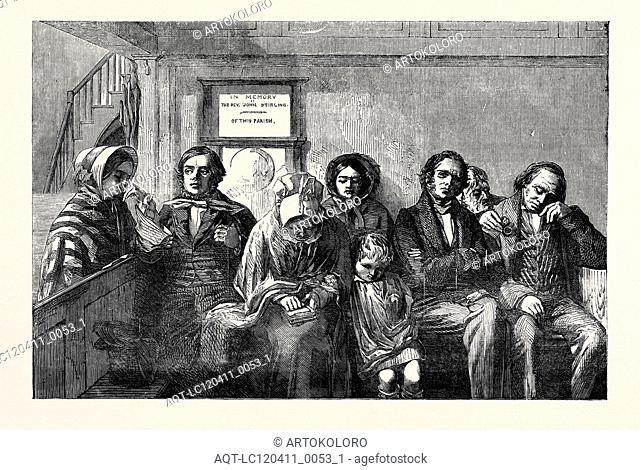 """SCOTTISH PRESBYTERIANS IN A COUNTRY PARISH CHURCH, THE SERMON."" PAINTED BY J. STIRLING, FROM THE EXHIBITION OF THE ROYAL ACADEMY