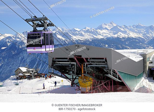 Valley station and gondola of the cable car to the Plaine-Morte glacier, ski resort Crans Montana, Valais, Switzerland, Europe