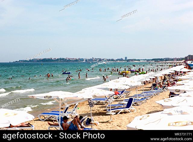 SUNNY BEACH, Bulgaria - June 26, 2018: Sunny Beach is a major seaside resort on the Black Sea coast of Bulgaria, located approximately 35 km north of Burgas in...