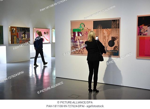 08 November 2018, Hessen, Kassel: A woman at the Kunsthalle Fridericianum is looking at digital prints by Belgian artist Anne-Mie van Kerckhoven