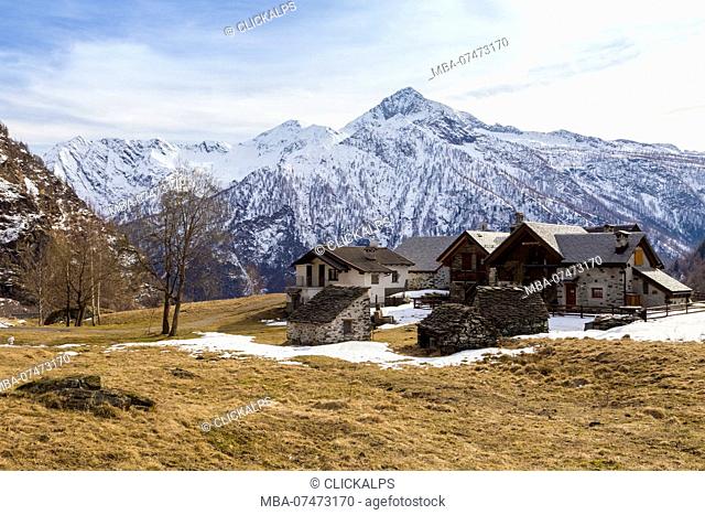 View of the town of Cheggio and the mountains of Antrona valley from Alpe Cheggio, Antrona valley, Piedmont, Italy