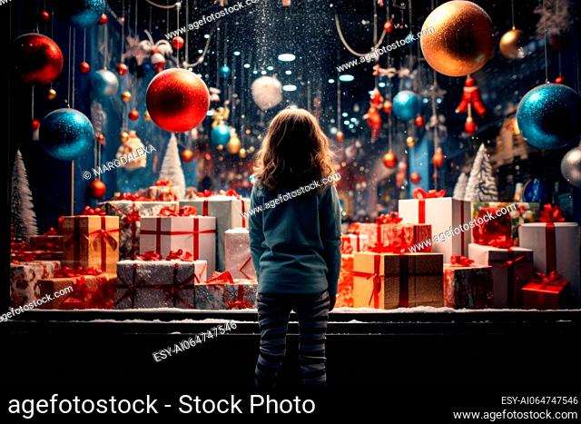 little girl looking through a display window at Christmas decorations and gifts in a store.Generative AI