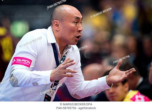Kielce's coach Talant Dujshebaev gestures from the sideline during the Handball Champions League EHF Final Four semifinal between FC Barcelona and KS Vive...