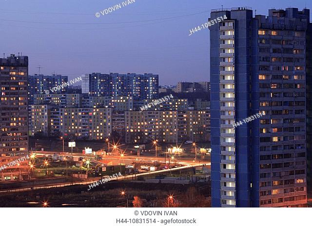 Apartment buildings, Moscow, Russia, Skyline, Europe, Nighttime, twilight, night, dusk, Apartments, Architecture, Bloc