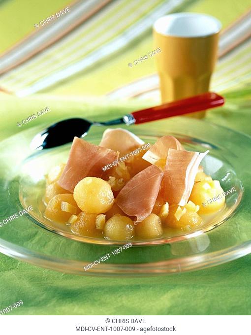 Shavings of French country ham, iced soup of melon and honey, lime and ginger