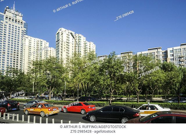 Urban landscape of the Beijing metropolis including skyline and traffic. China, Asia