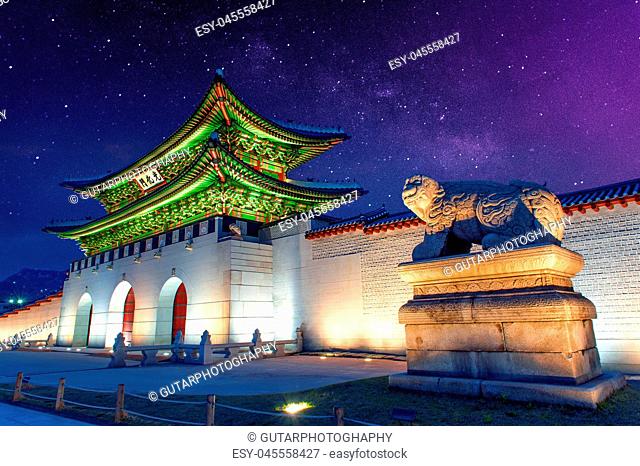 Gyeongbokgung palace and Milky Way in Seoul, South Korea