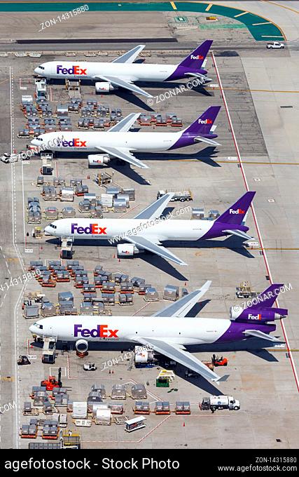 Los Angeles, California ? April 14, 2019: Aerial view of FedEx Express airplanes at Los Angeles airport (LAX) in the United States