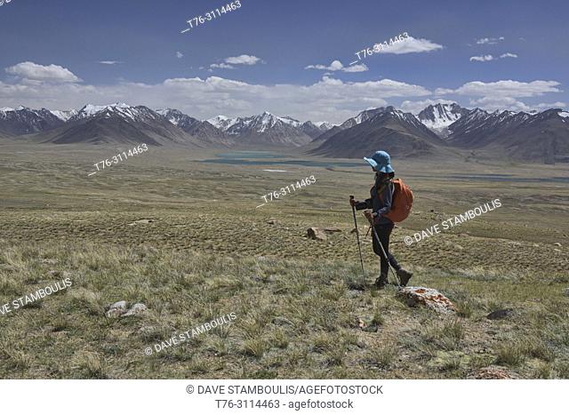 Looking into the Great Pamir Range of Afghanistan while trekking near Lake Zorkul, Tajikistan