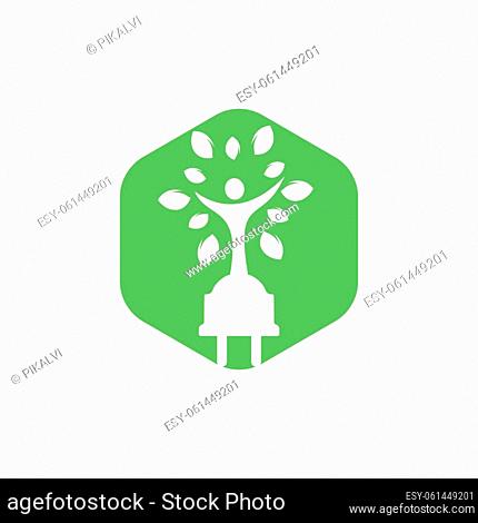 Electric cord and human tree vector logo design. Green energy electricity logo concept