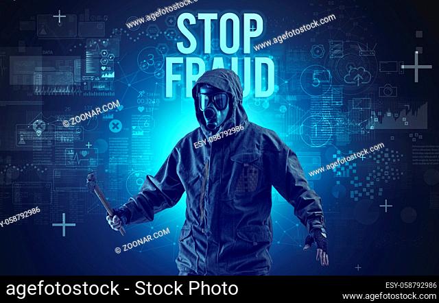 Faceless man with STOP FRAUD inscription, online security concept