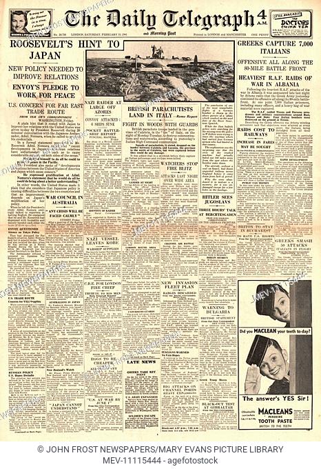1941 front page Daily Telegraph British Paratroopers land in Southern Italy, Greek forces capture thousands of Italian prisoners in Albania and Roosevelt calls...