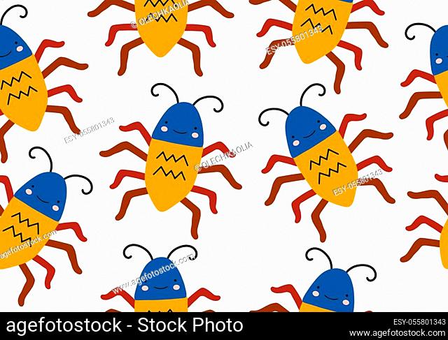 Cartoon animal pattern with insects, bug or beetle background. Vector digital paper