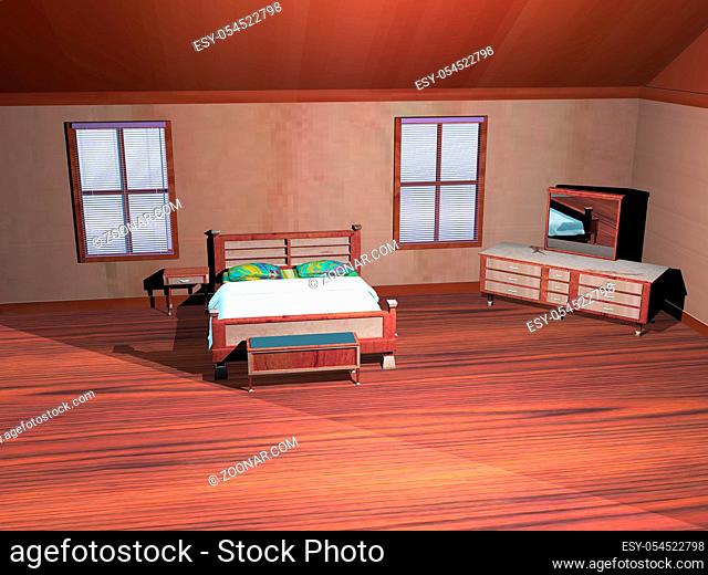 Schlafzimmer mit Bett und Kommode