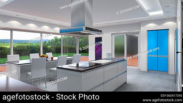 3D rendering modern kitchen with blue panels