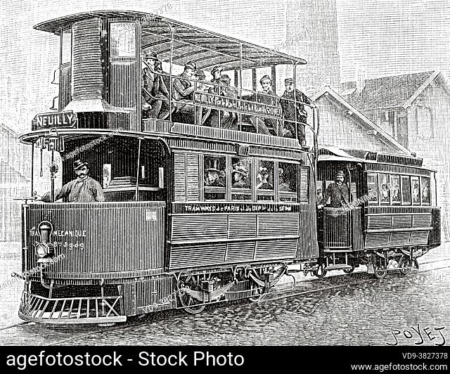Leon Serpollet steam trams. Old 19th century engraved illustration from La Nature 1893