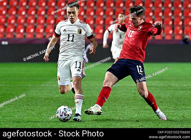 L-R Leandro Trossard (Belgium) and Lukas Masopust (Czech) in action during the World Cup qualifier group E: Czechia vs Belgium in Prague, Czech Republic