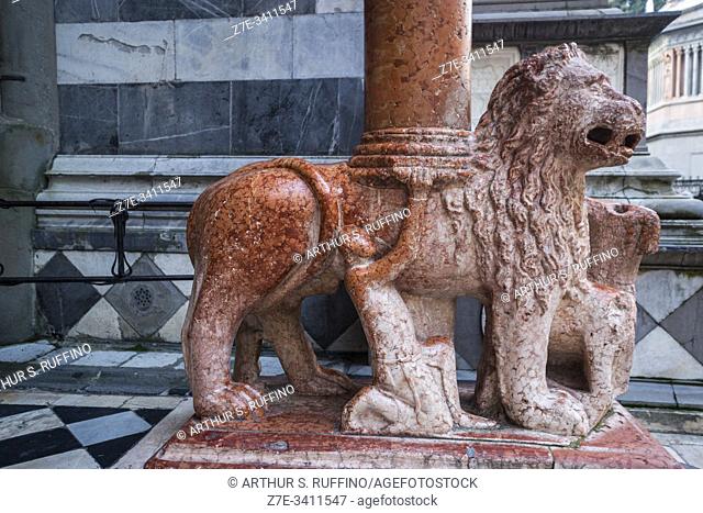 Detail of one of two red marble lions supporting the columns of the northern portal arch of the Basilica of Santa Maria Maggiore