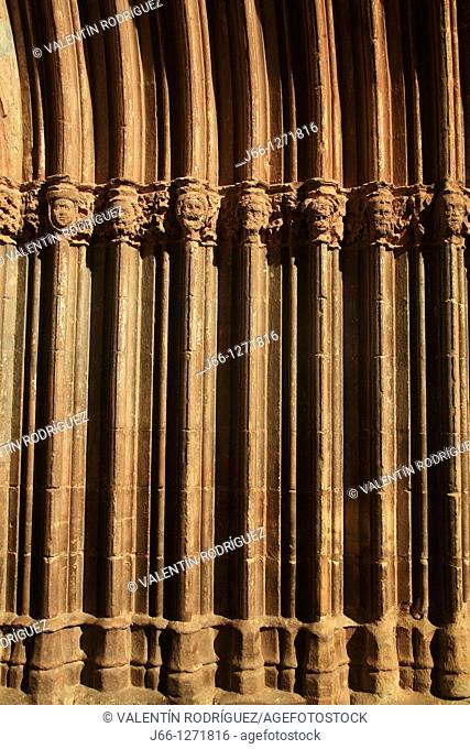 Detail of the church main front, Mora de Rubielos, Teruel province, Aragon, Spain