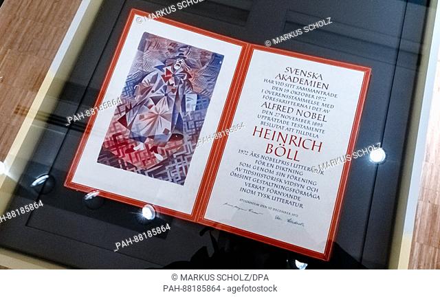 The Nobel Prize for Literature certificate received by the German author Heinrich Böll on display in the Günther Grass House in Lübeck, Germany