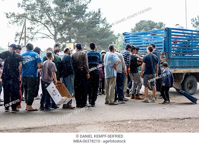 Men is standing in queue for firewood in the refugee camp in Idomeni in Greece at the frontier to Macedonia, April, 2016