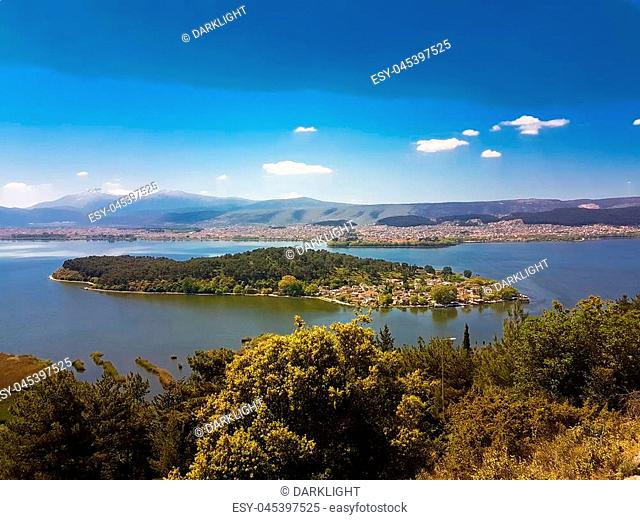 Ioannina or Giannena city, pamvotis lake, panorama spring time , greece