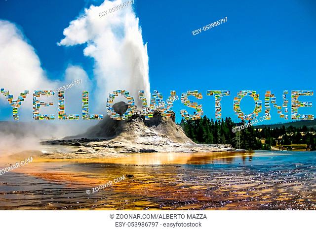 Yellowstone pictures collage of different locations landmark of Yellowstone National Park, Wyoming, United States. Castle Geyser erupts with hot water and steam...