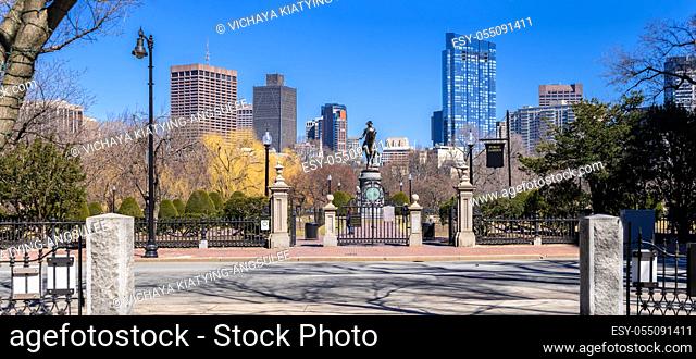 Panorama George Washington Statue sculpture monument in Boston Common Park between in Boston downtown crossing and Boston back bay district in Massachusetts of...