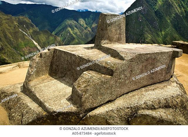 Intihuatana solar clock, Machu Picchu sacred city of the Inca empire, Cusco region, Peru