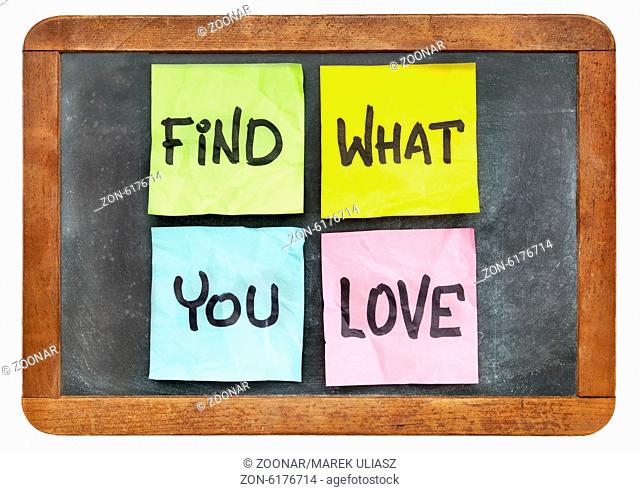 find what you love advice - sticky notes on isolated vintage blackboard