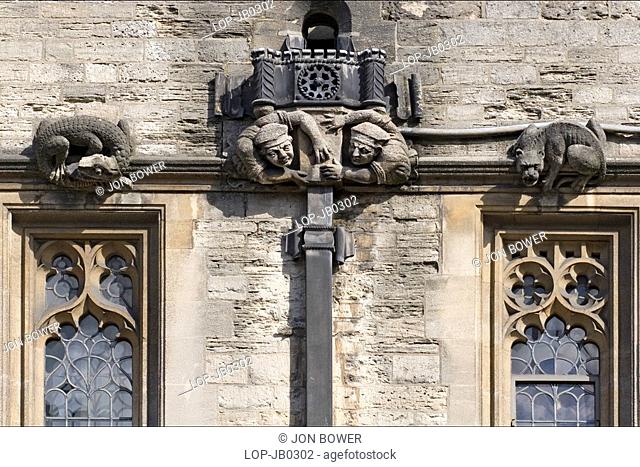 England, Oxfordshire, Oxford, Gargoyles and drains at Brasenose College. The college was originally called Brazen Nose College