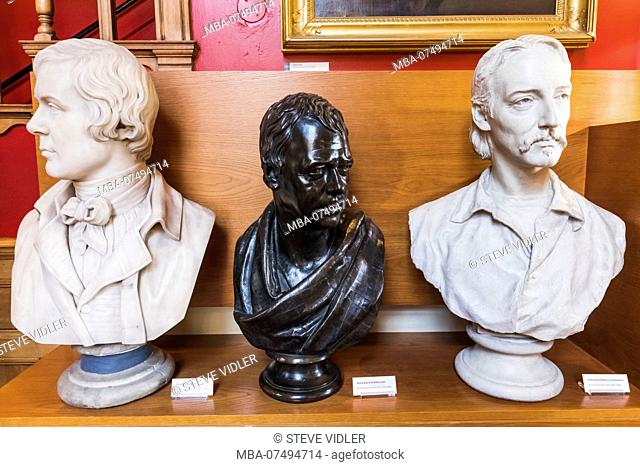 Great Britain, Scotland, Edinburgh, The Writers' Museum, Busts of Robert Burns and Robert Louis Stevenson and Sir Walter Scott