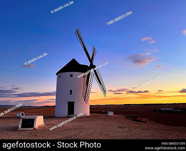 Windmill at nightfall. Tembleque, Toledo province, Castilla La Mancha, Spain