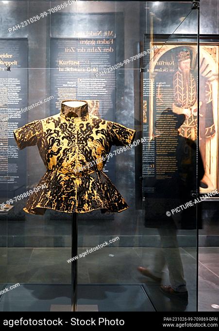 26 October 2023, Saxony, Dresden: The Renaissance pageant dress of August of Saxony, also known as August the Strong, is presented during a press event of the...