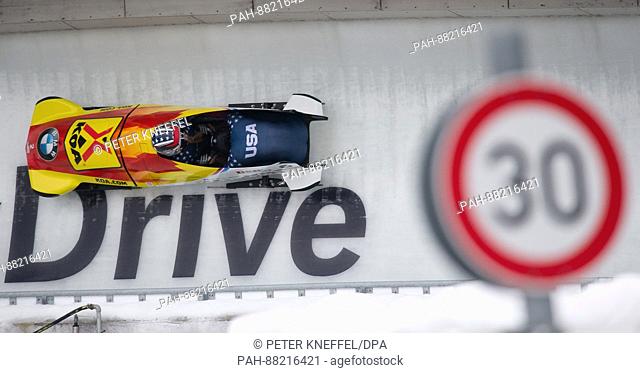 American bobsledders Jamie Greubel Poser (l) and Aja Evans in action at the FIBT World Championship 2017 in Schoenau am Koenigssee, Germany, 18 February 2017