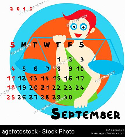 Graphic illustration of the calendar of September 2016 with original hand drawn text and colored clip art of Libra zodiac sign