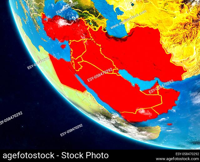 Middle East on planet Earth from space with country borders. Very fine detail of planet surface and clouds. 3D illustration