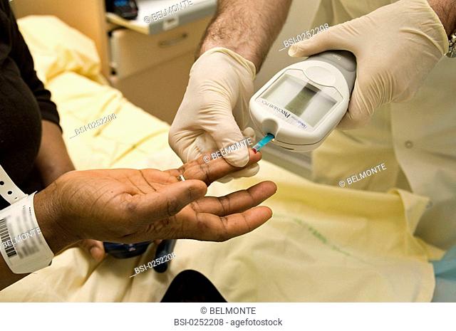 TEST FOR DIABETES Photo essay from hospital. Department of diabetology endocrinology at Saint Louis Hospital in Paris. Glycemia test