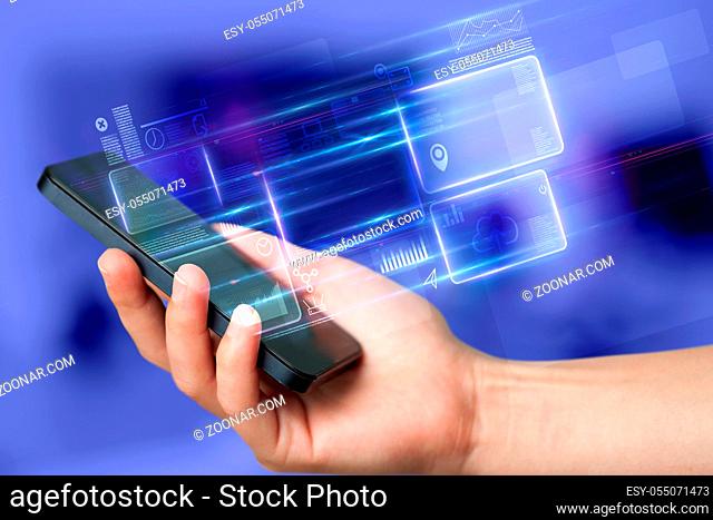 Hand using phone with database reports and online work concept