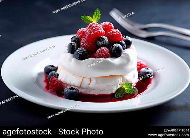 One delicious cake on the plate. Homemade dessert. Restaurant sweet food
