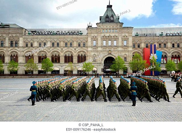 MOSCOW - MAY 9: Sub-unit of blue berets marches on Victory Day celebration on Red Square, May 9, 2011, Moscow, Russia. In Russia blue berets is a name of the...
