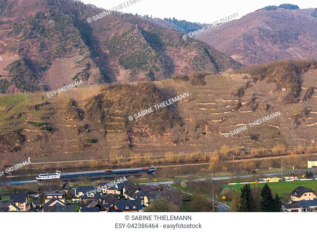 MOSELTAL, GERMANY - MARCH 26, 2016:.Panoramic view over the Moselle valley in the background the vineyards and the River Moselle