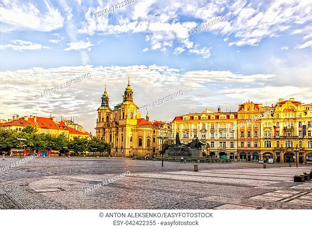 Old Town Square, the Church of Saint Nicholas and the Jan Hus memorial, Prague