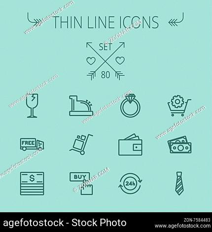 Business shopping thin line icon set for web and mobile. Set includes- broken glass wine, free delivery van, stack of money, vintage cash register, trolley