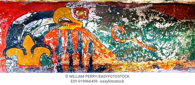 Ancient Bird Colorful Painting Mural Wall Indian Ruins at Teotihuacan Mexico City Mexico. Palace of Quetzalpapaloli. Ancient ruins date back to 100 to 750AD