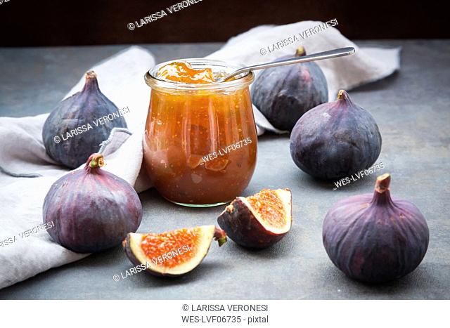 Organic figs and a glass of fig jam
