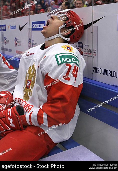 Dejected captain of Russian team Grigori Denisenko rests after his team placed the second in the 2020 IIHF World Junior Ice Hockey Championships