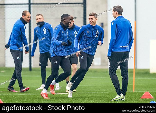 Club's Stanley Nsoki and Club's Ignace Van Der Brempt pictured during a training session of Belgian soccer team Club Brugge, Tuesday 23 November 2021, in Brugge